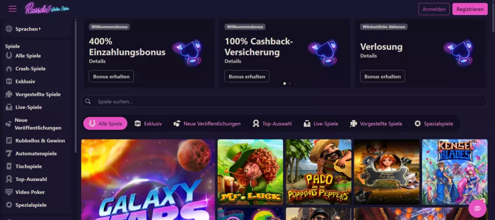 Ricardos Casino – 400% Willkommensbonus plus 100% Cashback-Versicherung für neue Spieler